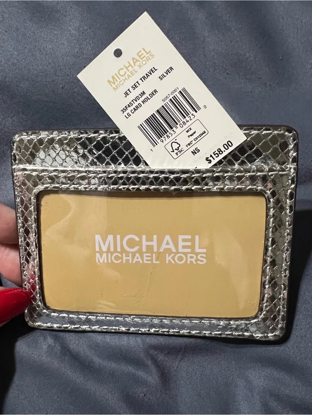 MICHAEL KORS JET SET TRAVEL CARD HOLDER WALLET  EXOTIC EMBOSSED SILVER